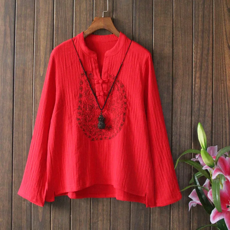 Original Chinese Style Embroidered Cotton And Linen Shirts Vintage Plate Buckle V Neck Vintage