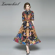 Летнее Элегантное Длинное платье с цветочным принтом для подиума, женское винтажное платье средней длины с коротким рукавом и отложным воротником, пуговицами и бантом