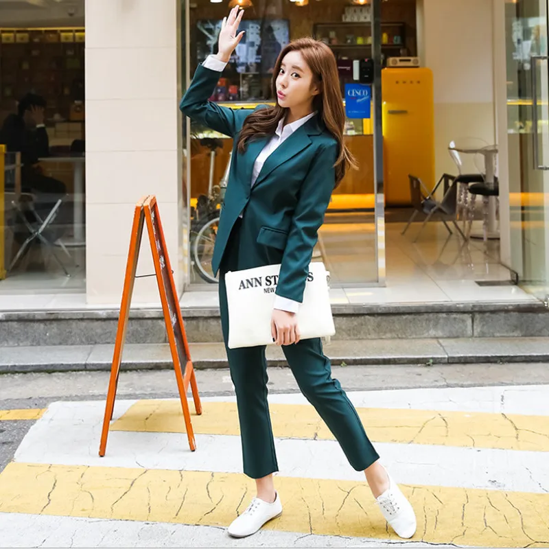 

2018 Spring Autumn Business Women 2 Piece Interview Suit Set Uniform Long-sleeved Blazer and Pencil Pant Office Lady Suits