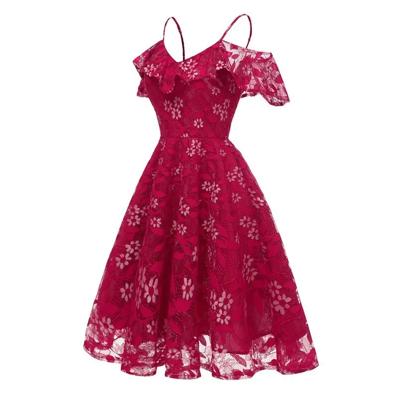 

Tea-Length Dress Sexy V Neck Spaghetti Straps Lace Simply A-line Ruffles Midi Lace Party Dress