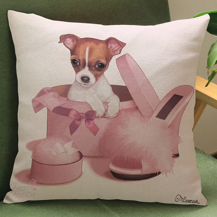 Наволочка из хлопка и льна с принтом в виде милых животных кошек собак|cushion