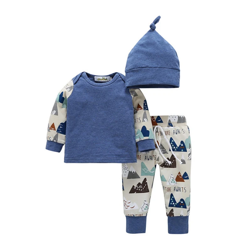 

Cute 3PCS Set Newborn Baby Boy Girl Clothes Newborn Small Hill Letters Printing Bodysuit Tops Long Pants Hat Outfits 0-18M