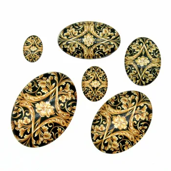 

10pcs Oval Shape Royal Yellow Flower Pattern Glass Cabochons Domed Glass Cabochons Jewelry Accessories For Jewelry Making