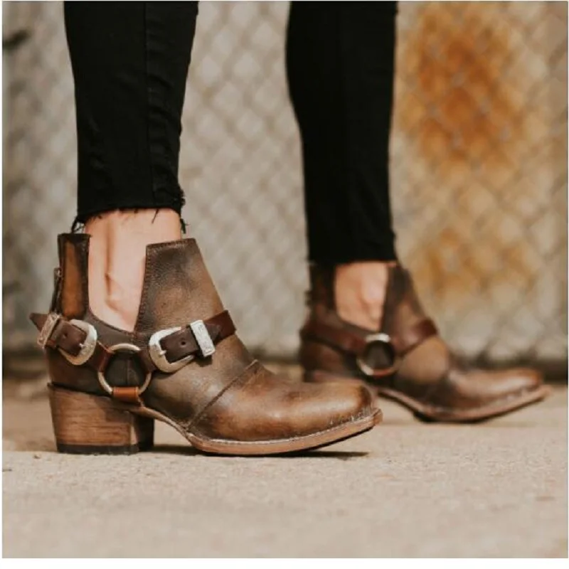 

Woman shoes botas mujer mid heels ankle boots for women vintage pu leather buckle strap platform martin boots plus size 42