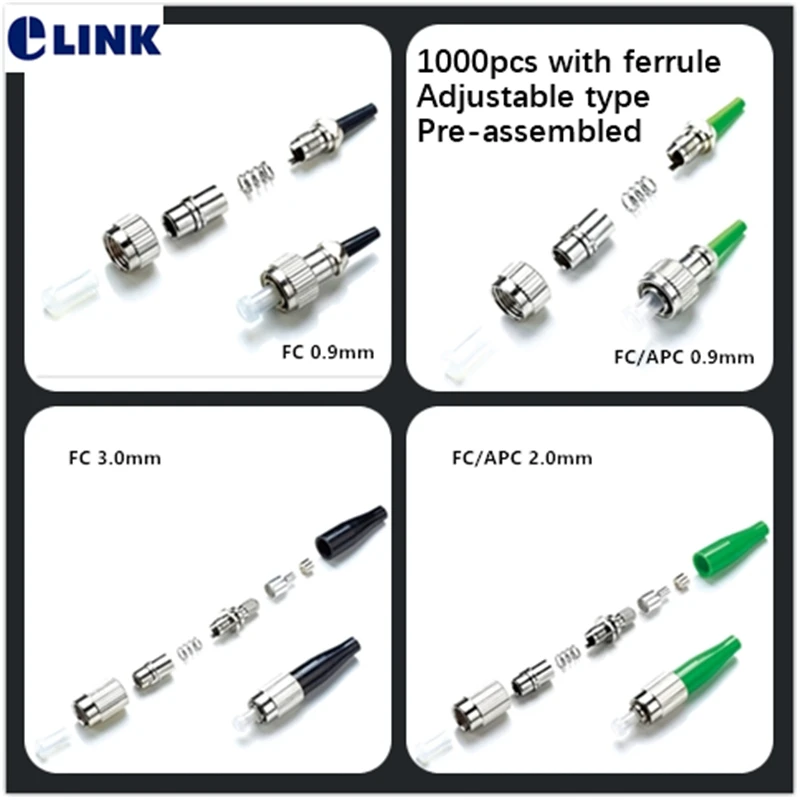 

FC fiber connector 1000pcs with ferrule Adjustable type APC SM MM black green 3.0 2.0 0.9mm Pre-assembled optical ftth accessory