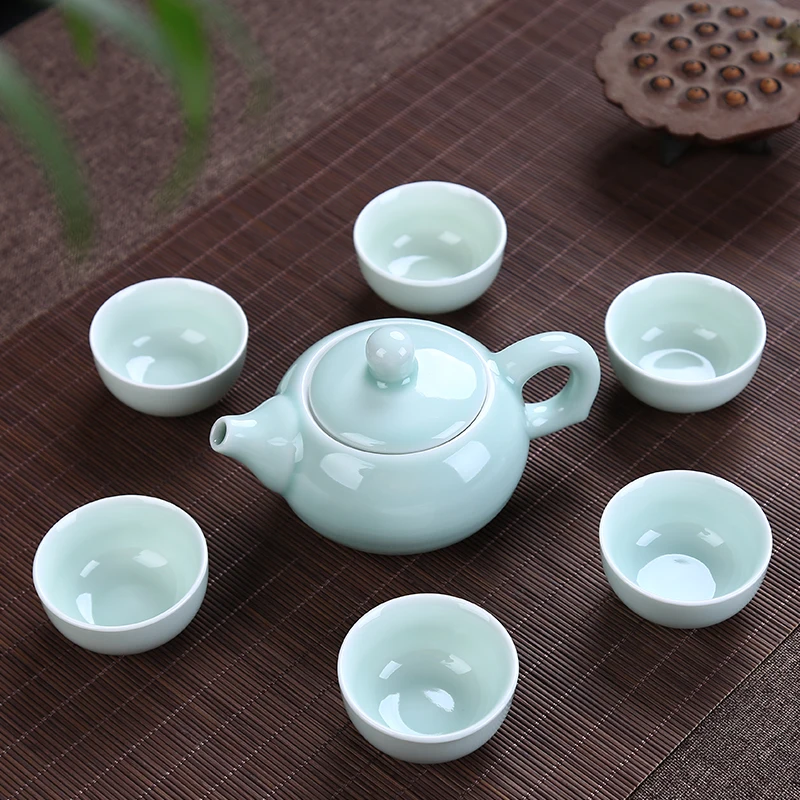Чайный набор Longquan Celadon с рыбками, керамический чайник, керамическая чайная чашка, китайский чайный набор кунг-фу, посуда для напитков, 1 горшок+ 6 чашек