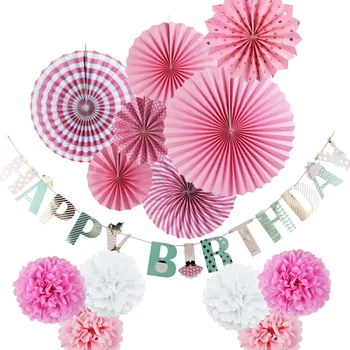 

Pink&White Party Decoration Kit Polka Dot Strips Happy Birthday Banner/Paper Rosette/Tissue Pom Flower for Birthday Girls Shower