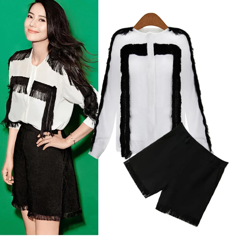 Straight priced batch of 2015 Fan Bingbing star runway with paragraph tassel + Shorts 2 Piece Set |