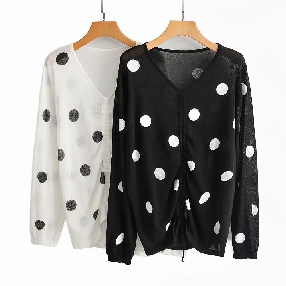 Blusas Mujer De Moda 2019 Summer New Style Lazy Wind V-neck Drawstring Folds Wave Point Sunscreen Blouse Women Modis | Женская одежда
