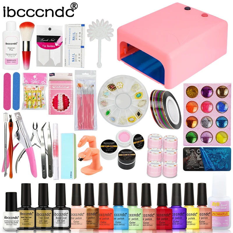 

Nail Art Set 36W UV Lamp + 10 Color 10ml Nail Polish Base and Top Flower UV Gel with Glitters Decals Manicure Tools Kit Nail Art