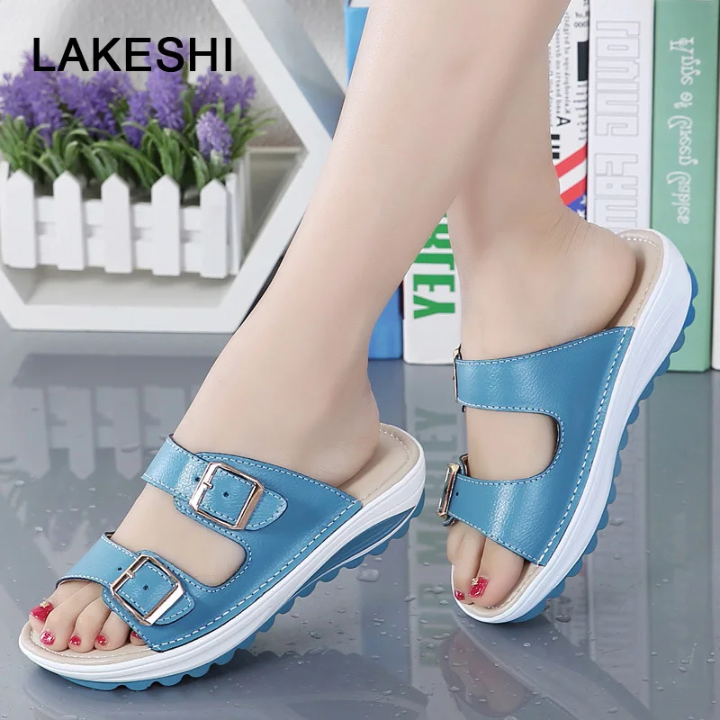 

LAKESHI summer women slippers 2019 New beach flip flops soft bottom fashion home slippers slides peep toe women flat shoes