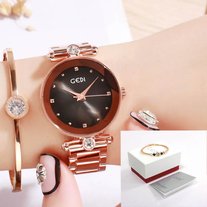 GEDI Rosegold Quartz Women's Watches Top Brand Luxury Ladies Clock Fashion Women Watch Simple Female Wristwatch reloj mujer New - Цвет: Brown box