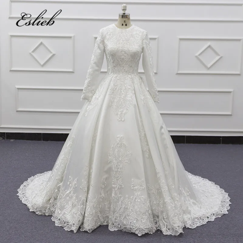 

Noiva 2019 Vintage Ball Gown Wedding Dresses O-Neck Lace Applique Long Sleeve Wedding Dress Plus Size Custom Made SJ119