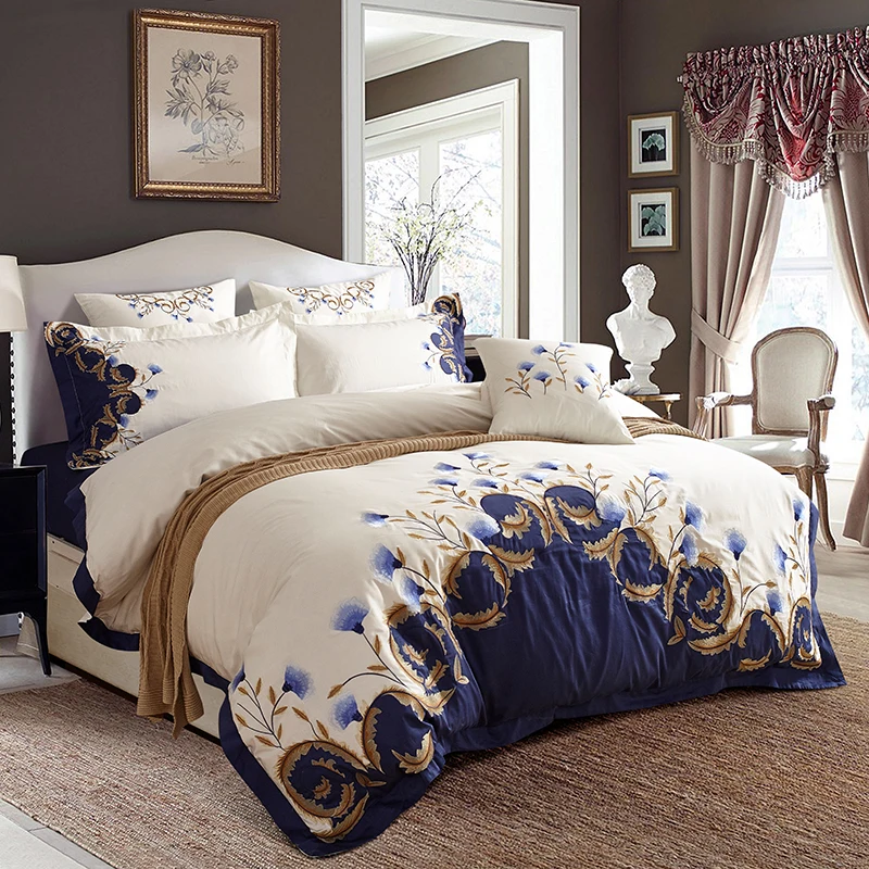US $130.61 US King Queen size Chic Embroidered White Blue Luxury Bedding set 60S Egyptian Cotton bed sheet set Duvet cover Pillowcase