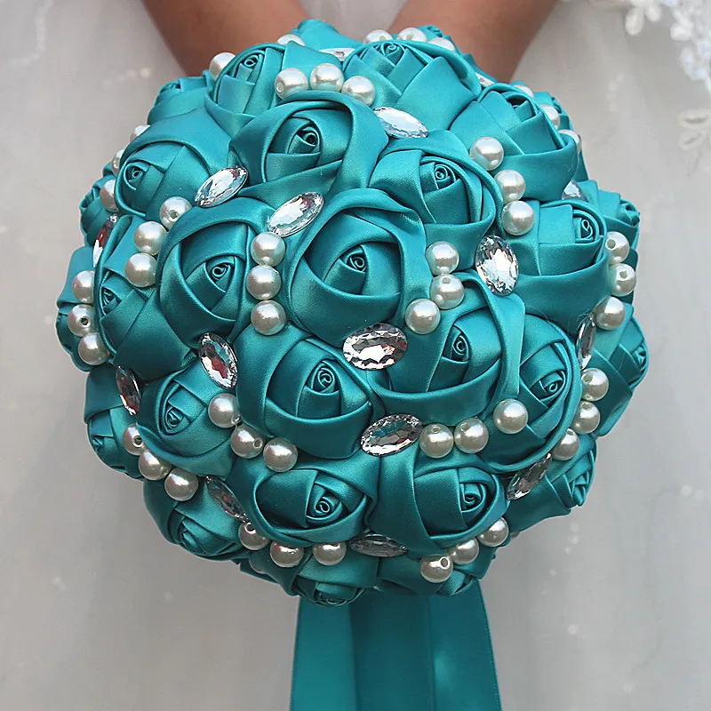 

18CM Peacock Blue Silk R Wedding Flowers Simple Pearl Diamond Bridal Bouquet Ribbon Simulation Flower for Wedding Decoration