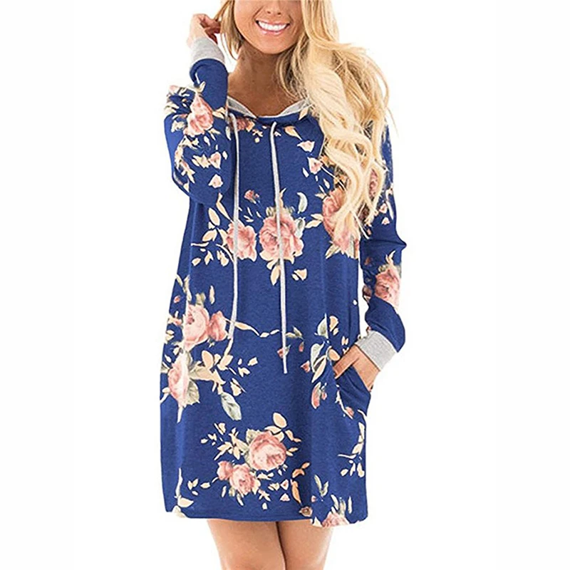 Womens Floral Hooded T-shirt Dress Ladies Long Sleeve Casual Holiday Short Dress