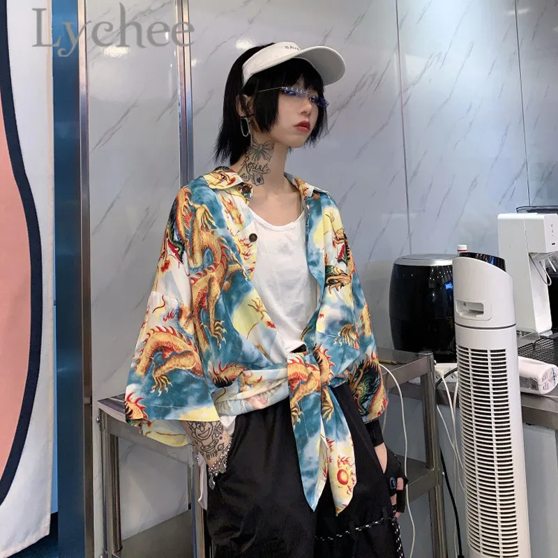 

Lychee Harajuku Dragon Print Women Blouse Shirts Summer Hit Color Short Sleeve Loose Turn Down Collar Female Shirts Blouse