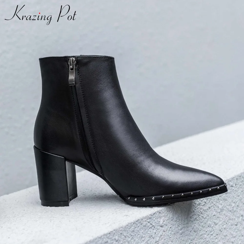 

krazing pot new arrival genuine leather pointed toe basic boots European concise simple streetwear string bead ankle boots L88