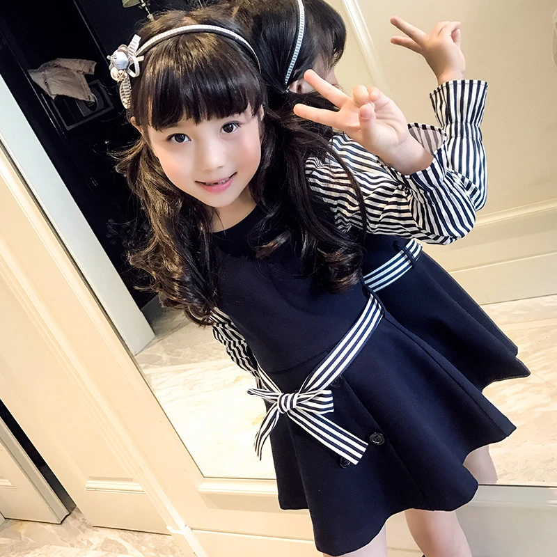 

2017 new children's clothing girls spring striped dress children's big children college wind princess