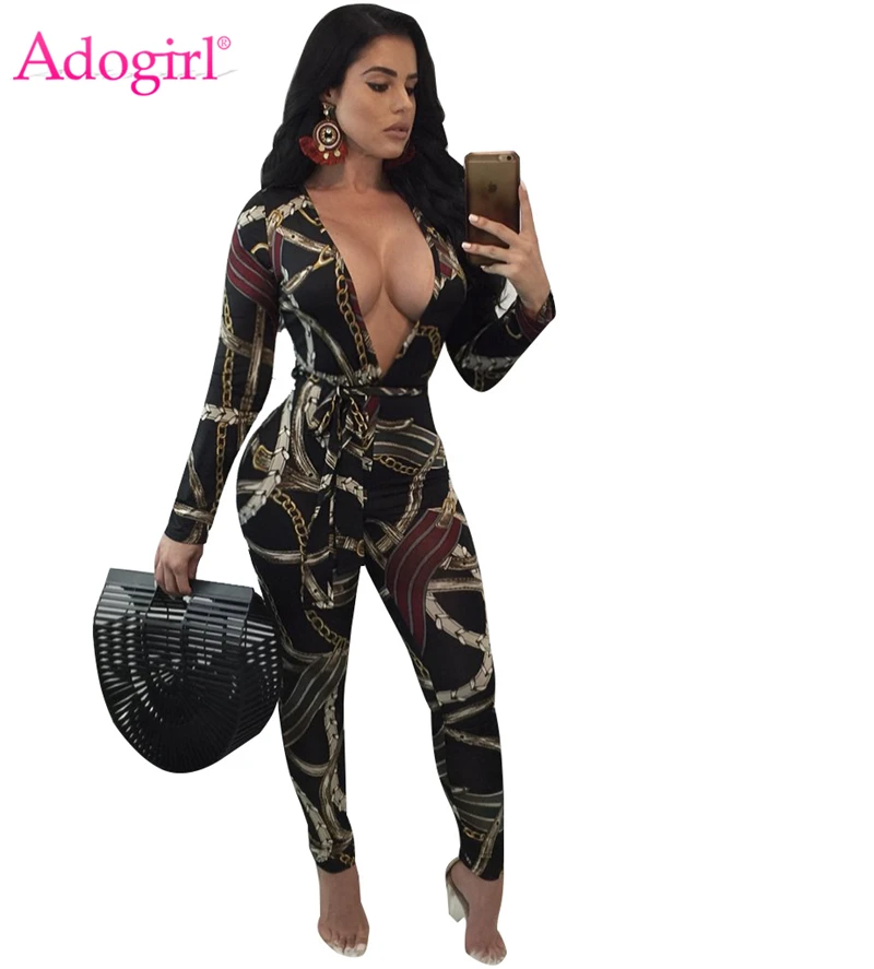 

Adogirl Hot Sale Chain Floral Print Bandage Jumpsuit Plus Size Women Deep V Neck Long Sleeve Sashes Bodycon Rompers Catsuits
