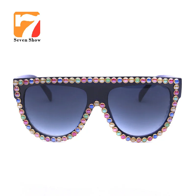New Quality Pearl Rivet Square Retro Sun Glasses Pearl Exaggerated Men