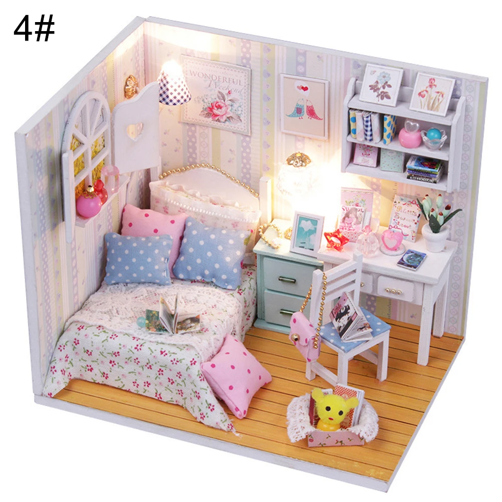 DIY Wooden Miniature Dollhouse Bedroom Doll House Furniture with LED Cover Girls Toys for Children Handmade toys Birthday Gifts