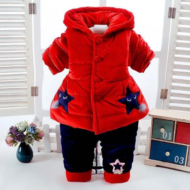  new 2017 winter baby girl cotton-padded thicken warm coat+pant clothing sets 2pcs baby girl comfort