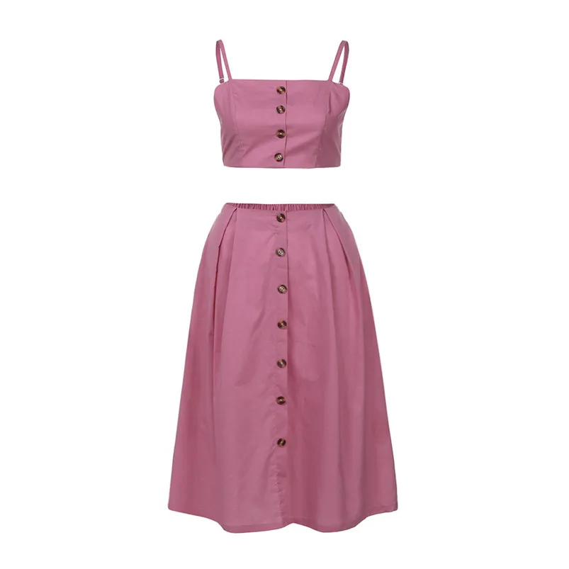 New Summer Womens Two Pieces Holiday Bowknot Lace Up Beach Buttons Tops Skirt Set Pink White two piece set feminino R18 (16)