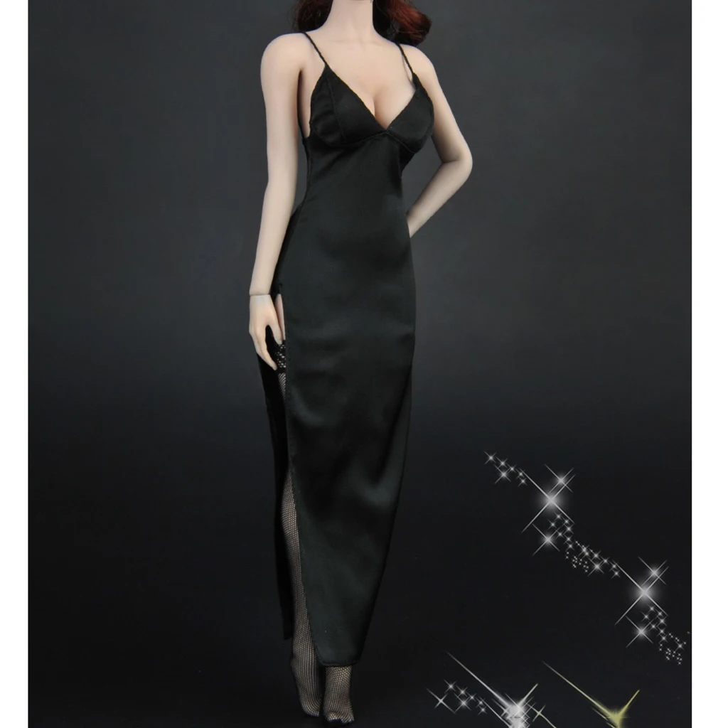 MagiDeal 1/6 ZY5025 Deep V Black Long Evening Dress Stockings Set for 12inch Female Figure Body Doll Accessories