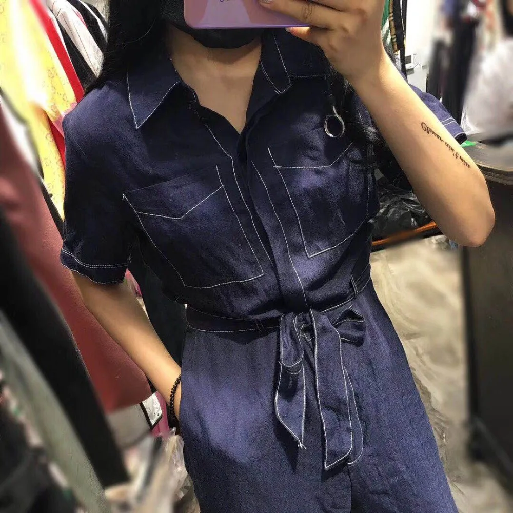 Women girls fashion denim jeans slim jumpsuit short sleeve