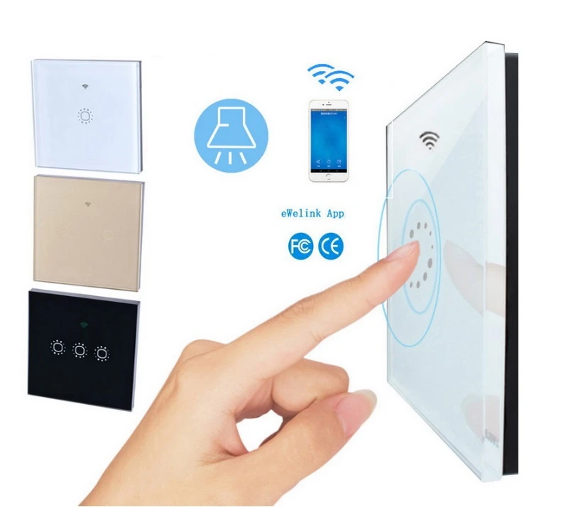 

WiFi Touch Screen Switch EU/UK Standard Wireless Tempered LED Light Wall Panel Zero Fire Line 1 Gang Timing & APP Remote Control