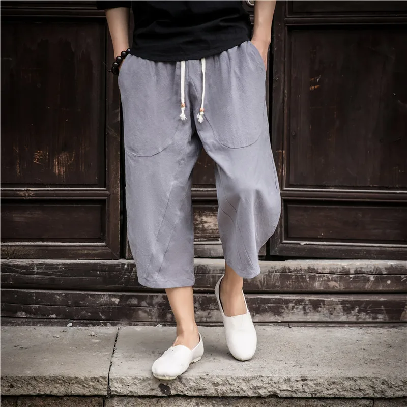 Man Linen Cropped Cross Pant Trouser Men Casual Wide-Legged Bloomers Summer Male Traditional Nepal Trousers