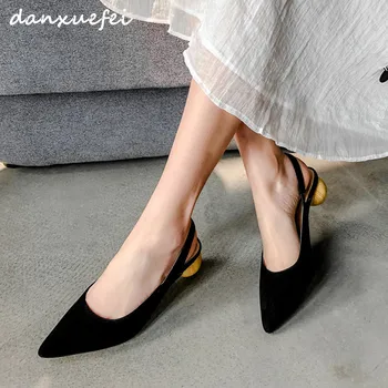 

Women's genuine suede leather high heel sandals pointed toe slingback summer ladies sandalias high quality bal heels shoes sale