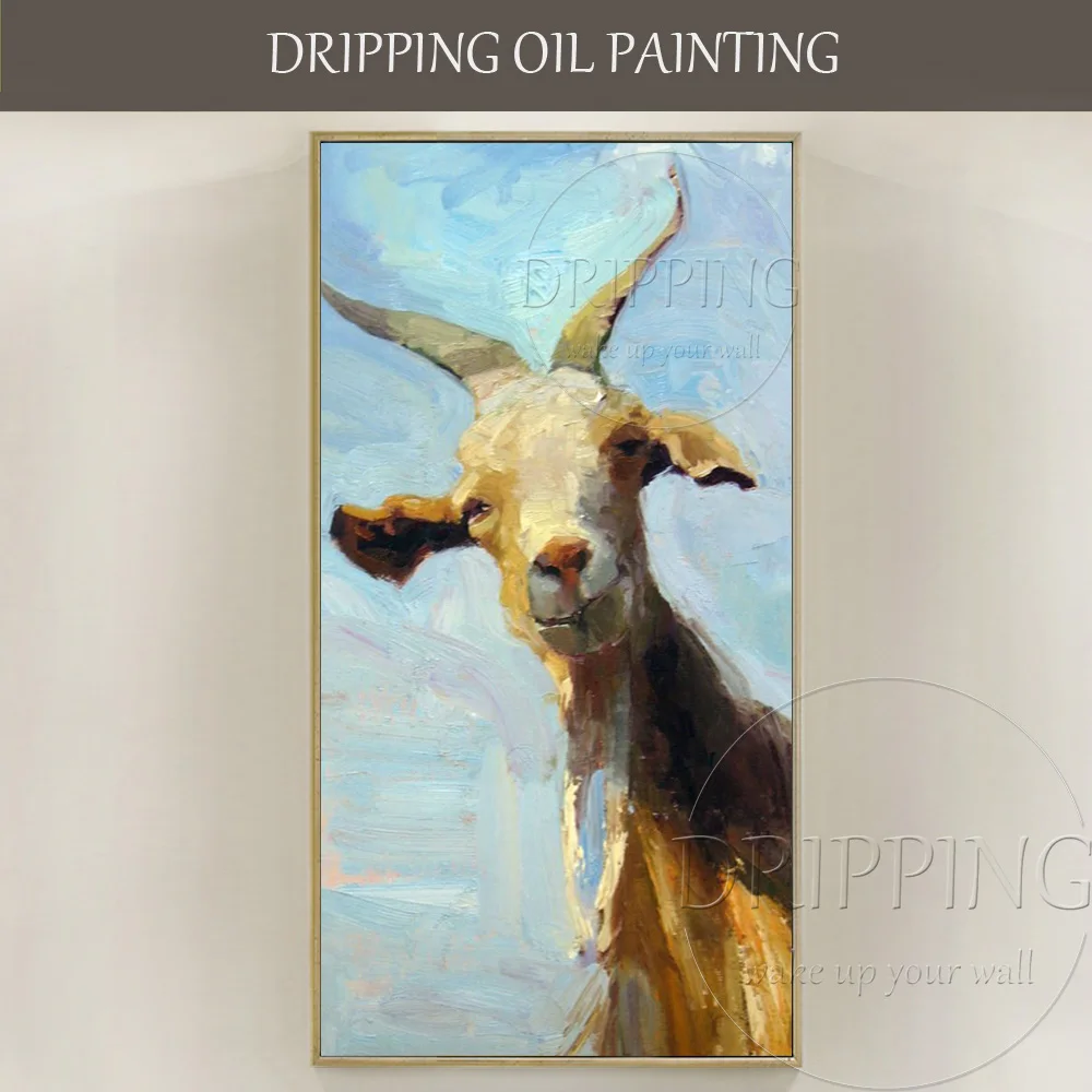 Artist Hand-painted Good Textured Knife Painting Goat Oil on Canvas Smile Animal for Living Room | Дом и сад