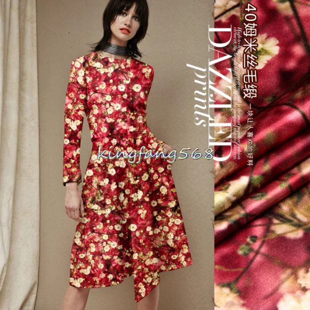 Designer 35 natural mulberry silk 65 Woolen clothing fabric silk Woolen satin yellow roses