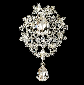 

Silver Plated Clear Rhinestone Diamante Crystal Dangle Heart Drop Glass Brooch for Wedding