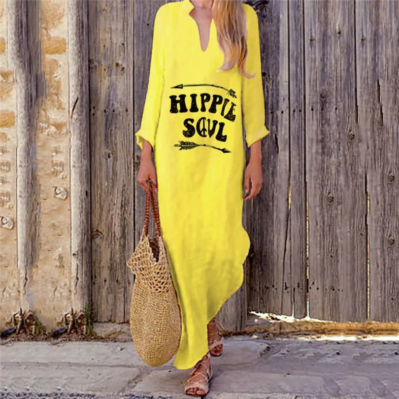 Letter Print Dress Women Long Sleeve Loose Beach Dress Plus Size V Neck Sexy Dress Casual Vestidos De Verano 40JUL124