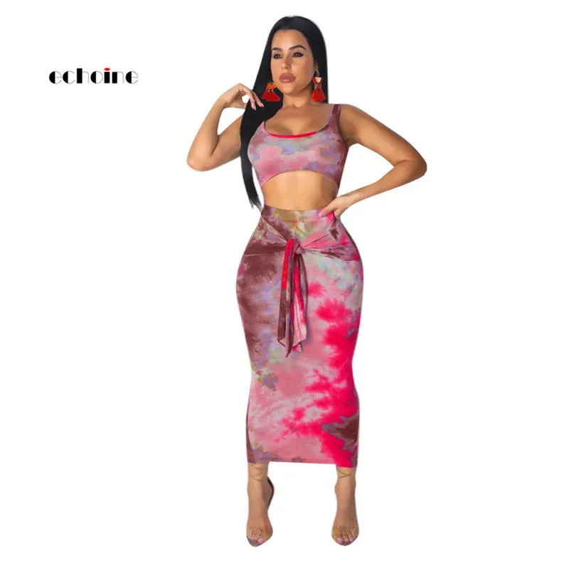

Echoine Party 2 Piece Set Women O-Neck Tie-Dye Print Sexy Crop Tops Sleeveless Fashion Suit Sash Lace Up Skirts Mid-Calf Outfits