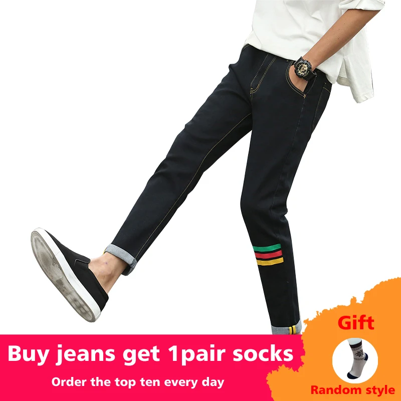 Men's Nine Points Jeans 2018 Spring Korean Version of New Men's Clothing  Color strip Small Feet Jeans Men Pencil Pants