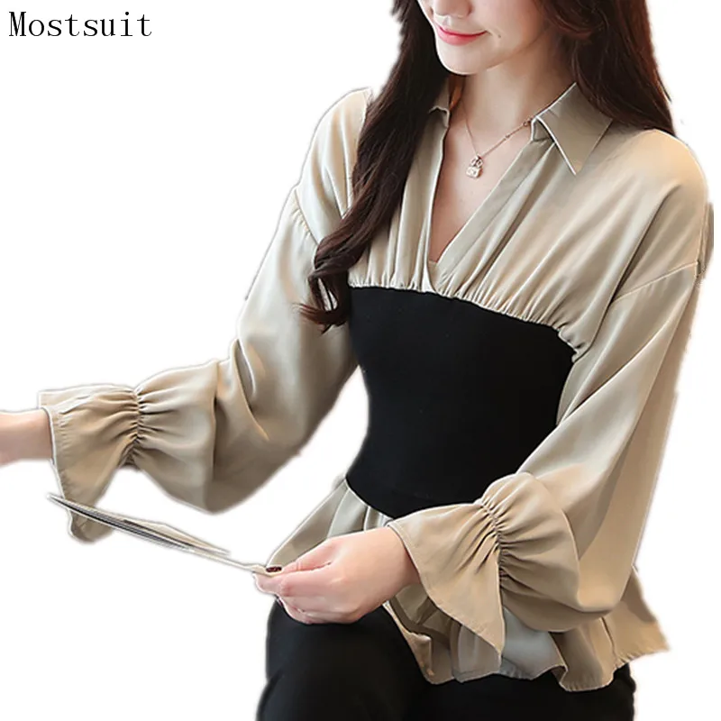 

Gathered-waist Blusas Mujer Women Long Sleeve V-neck Pullovers Blouses Female Ladies Chic Vintage Sexy Shirt Tops 2019 Spring