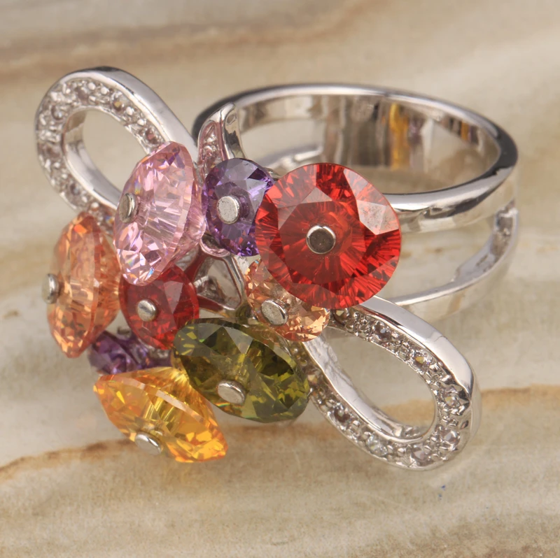 Bowknot Multi-color Zircon Garnet Crystal Silver Plated Argent &amp Trendy Jewelry Ring Size 6 / 7 8 9 S0869 | Украшения и