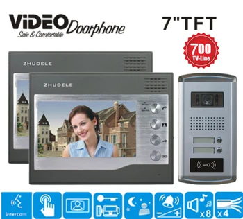 

ZHUDELE 2-apartment 7 " Video Door Phone 1 HD 700TVL IR Night Doorbell Camera and 2 Monitors Intercom Doorbell with ID Card