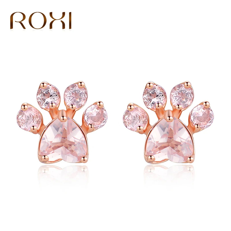 

Real 925 Sterling Silver Earrings For Women Bear's Paw Natural Heart Pink Quartz Stud Earrings For Mother's Day Gifts Brincos