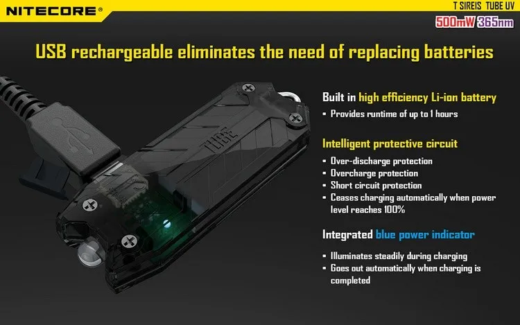 NITECORE TubeUV встроенный аккумулятор USB Перезаряжаемый 365nw Ультрафиолетовый брелок с УФ-фонариком огни для культивирования перекосов