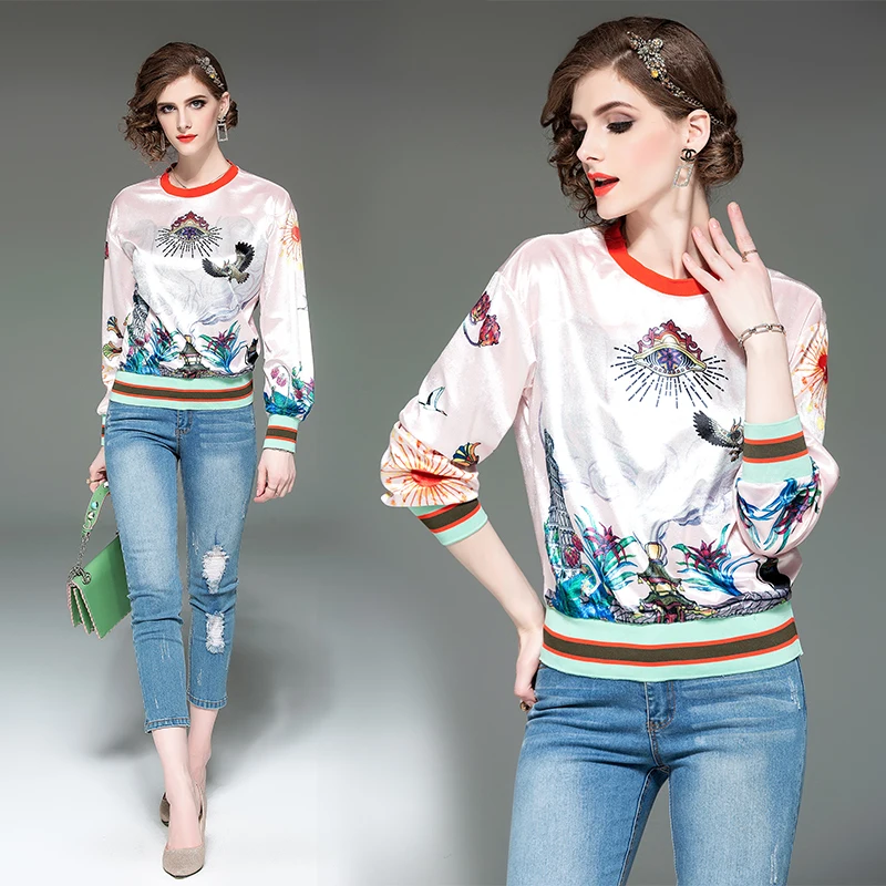 

2019 European station spring new women's printing sleeve round neck long sleeve machine sweater women's shirt
