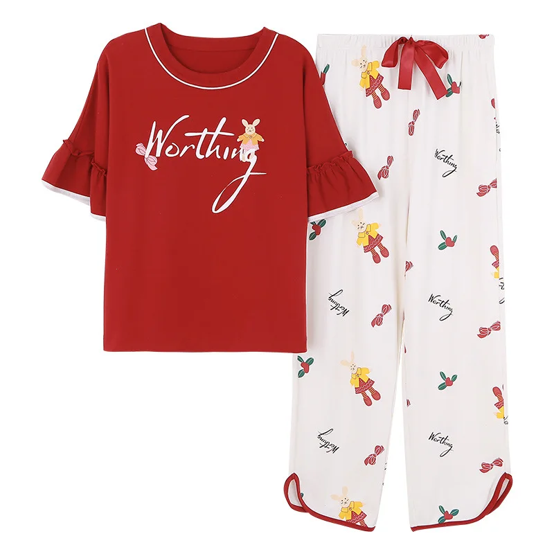 

Summer 2019 pyjamas women ruffled trumpet sleeves T-shirt+split print trousers 2 pcs sleepwear pajama set lounge wear plus size