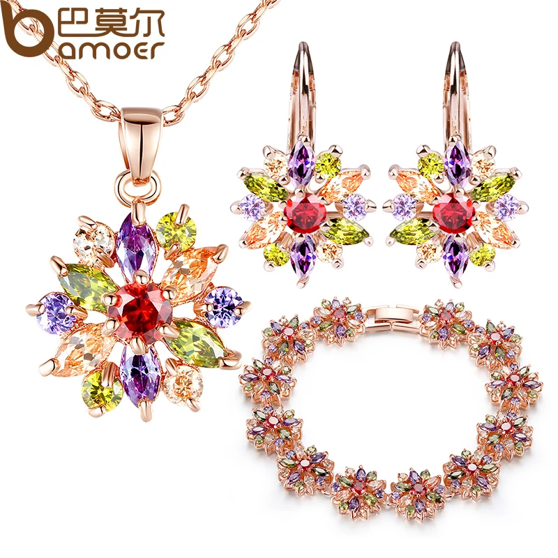 

BAMOER Rose Gold Color Wedding Jewelry Sets for Women with High Quality Multicolor AAA Zircon