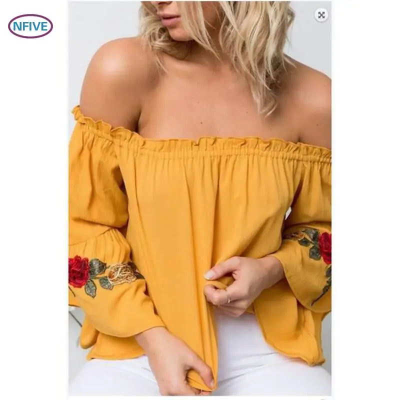 NFIVE Brand 2017 Women Thin Short T-shirts European And American New Sexy Strapless Collar Shirt Embroidery Long Sleeved T-shirt | Женская