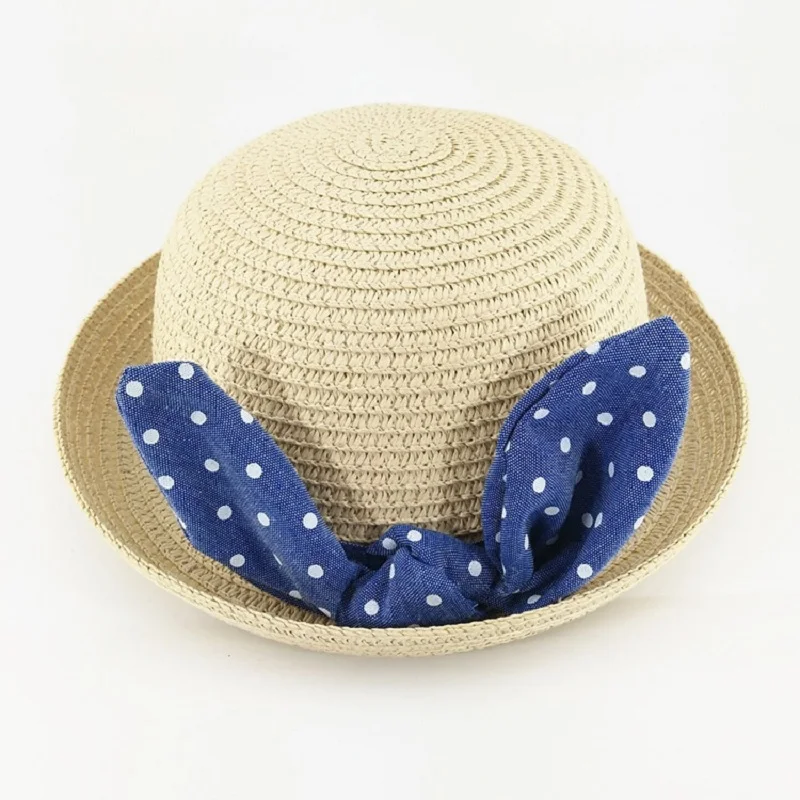 2017 Summer Cute Kids Solid Straw Bucket Hat With Dot Bow Curling Brim