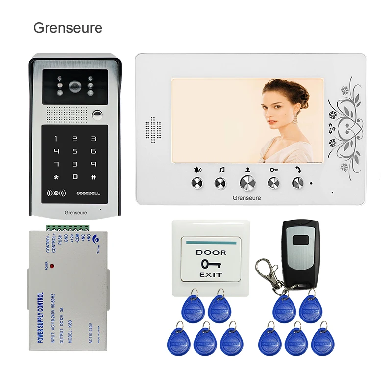 

FREE SHIPPING 7 inch Color TFT Screen Video Door Phone Intercom System + Waterproof RFID Code Keypad Doorbell Camera + Remote